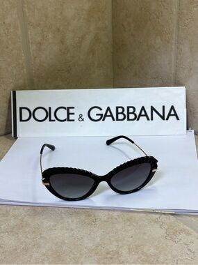 New Dolce & Gabbana DG6136 501/8G Black Cat-Eye Sunglasses with Gold Temples